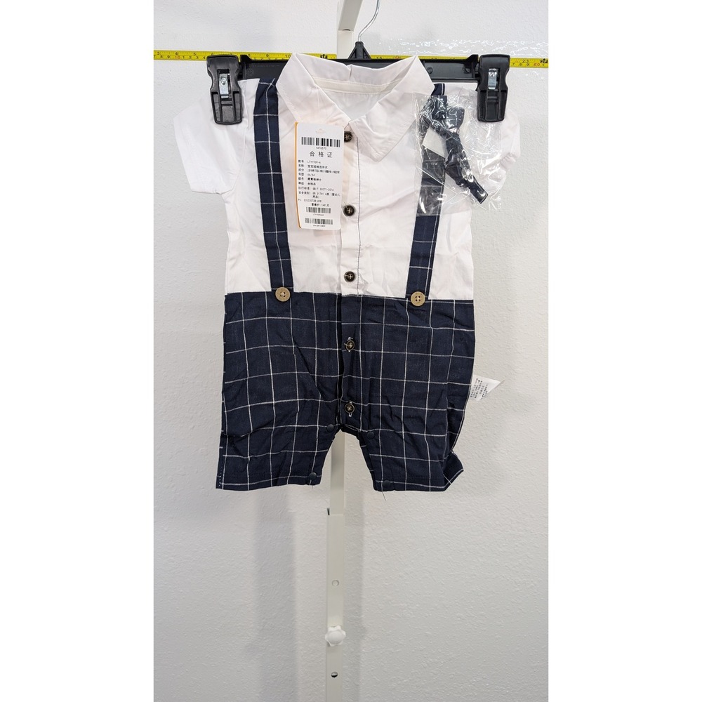 Yierying Baby Boy Romper Set Navy Plaid Suspenders Bow Tie White Shirt One Piece